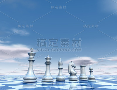 象棋兵抽象的兵集。超现实的蓝色背景。