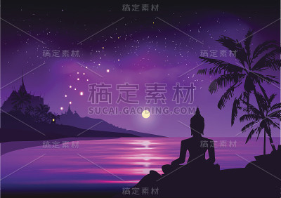 东南亚海上的日落。矢量图