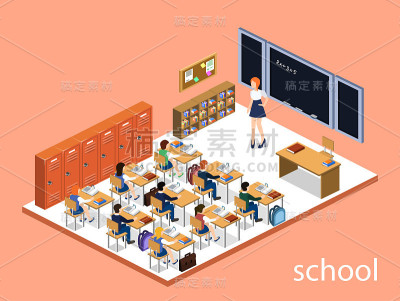 等距三维矢量插图与学生在学校室内课堂
