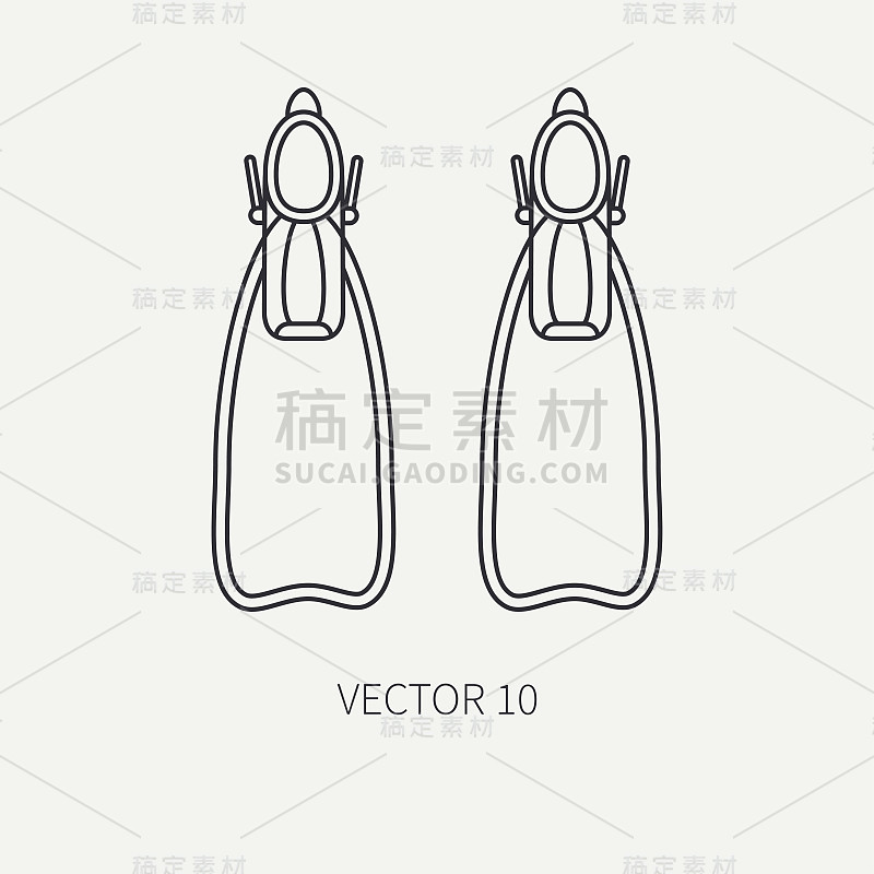 线平平矢量潜水器水下设备图标橡胶脚蹼。复古的风格。海洋,海滩。浮潜。夏天冒险假期。潜水。插图，元素为