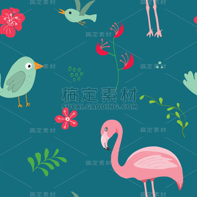 可爱的火烈鸟和热带植物无缝图案。手绘动物和异国情调的花背景。矢量图