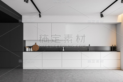 极简主义的白色厨房内部与台面