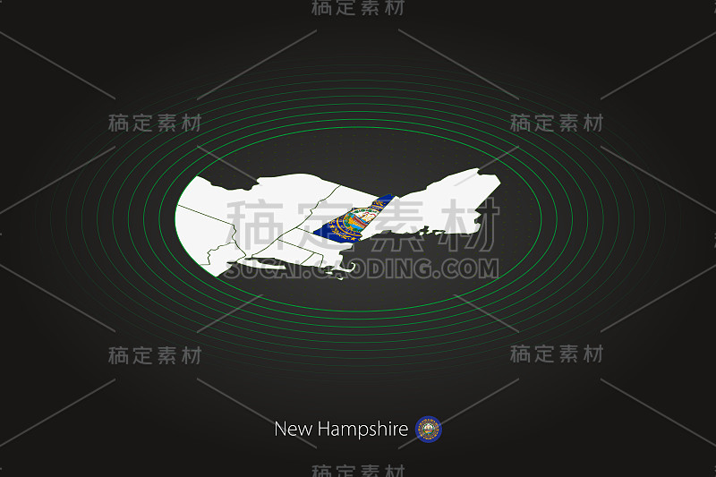 新罕布什尔州地图，深色，椭圆形地图与邻近的美国州。