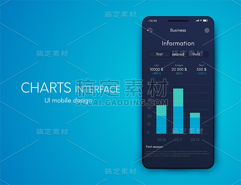 矢量图形移动信息图形有三个选项。模板创建移动应用程序，工作流布局，图表，横幅，网页设计，业务报告3个