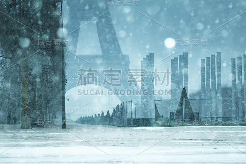 埃菲尔铁塔下雪，战神广场下雪