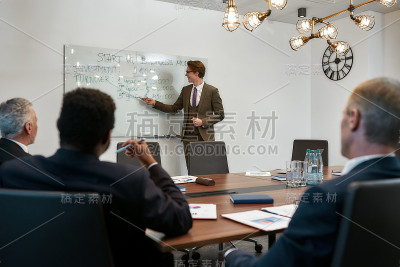 看这里。年轻聪明的商人指着白色的黑板向他的同事们解释着什么