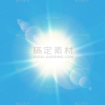 现实的阳光与镜头光晕。蓝天和云彩的背景。矢量图