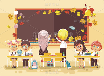 矢量插图回到学校卡通人物，男生，女生写在黑板上，学生，学徒，在教室里学习，坐在钉书钉与教科书在平面风