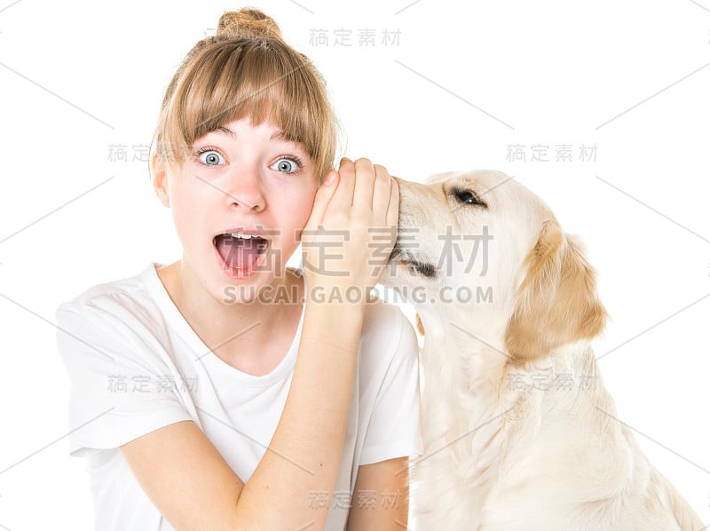 漂亮的少女和她美丽的金毛猎犬在白色的背景