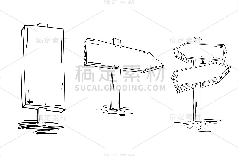 双箭头。手绘草图。矢量插图。方向的信号。木制指示器的草图。指针。找到自己的方向