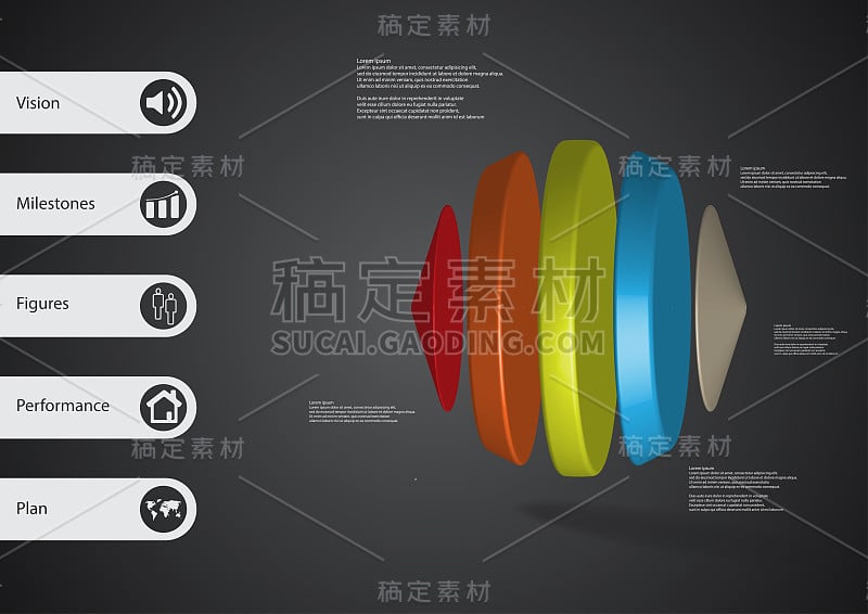 三维插图信息图形模板与两个锥和三个圆柱体之间的主题水平排列与各种颜色与简单的标志和样本文本在一边的酒