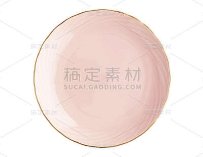 空陶瓷板与金色边缘，粉红色板螺旋图案，孤立在白色背景与剪辑路径，顶视图
