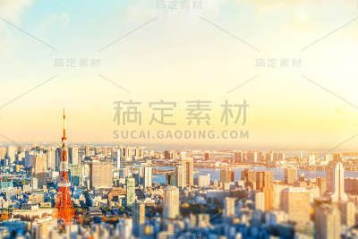 全景现代城市天际线鸟瞰东京与微型倾斜移位效果