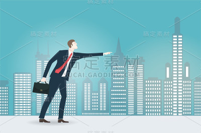 西装革履的商人在市里指路。经营理念集合。