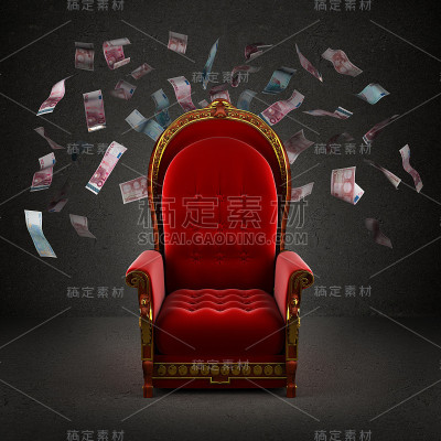 皇室的王座在欧元纸币掉落的房间里