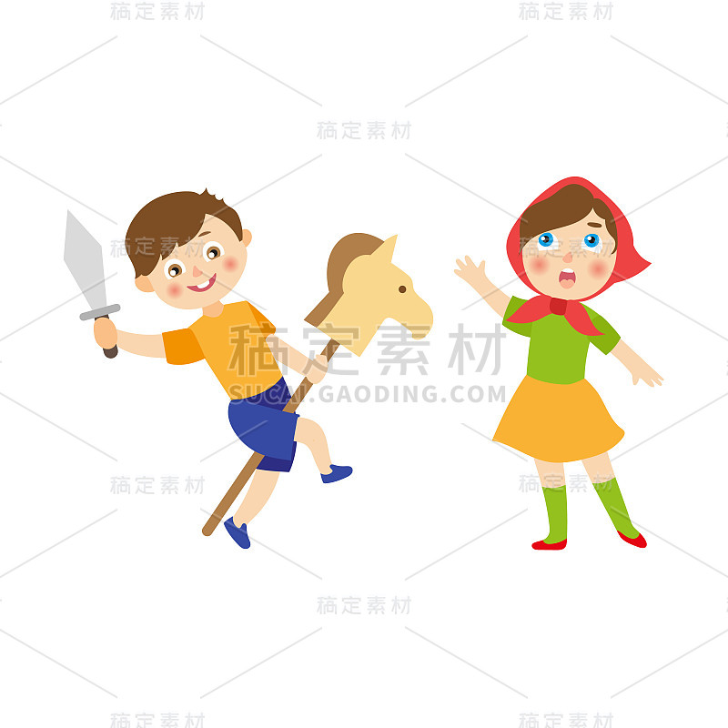 矢量扁男孩和女孩在演戏
