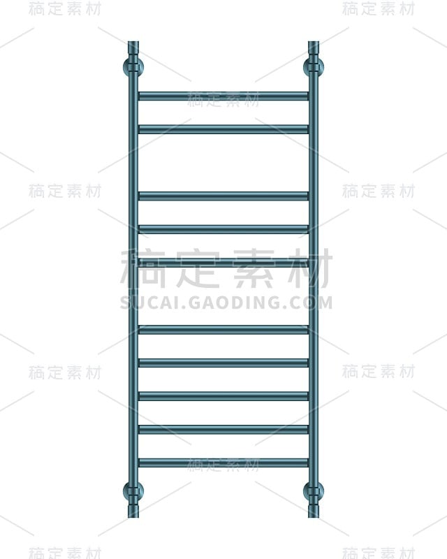 矢量插图加热毛巾轨道隔离在白色背景。逼真的金属盘管图标在平面卡通风格。现代铁制浴室中央暖气散热器。浴