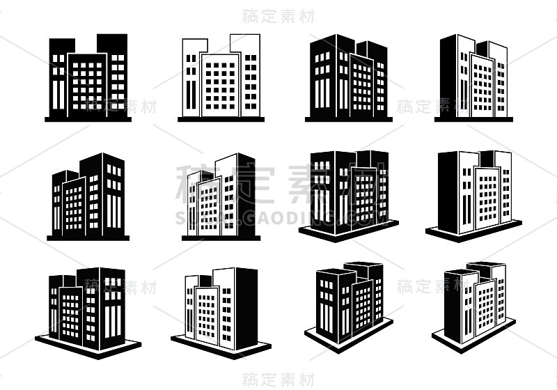 3D建筑和公司图标向量集，黑色孤立的办公室集合在白色的背景，线条大厦和住宅插图