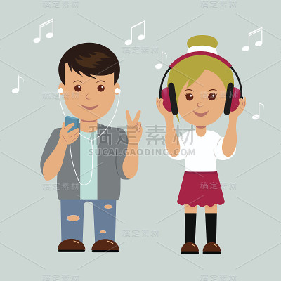 男孩和女孩戴着耳机。孤立的青少年音乐爱好者