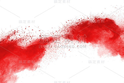白色背景上的红色粉末爆炸。彩色的云。色彩斑斓的粉尘爆炸。油漆胡里节。