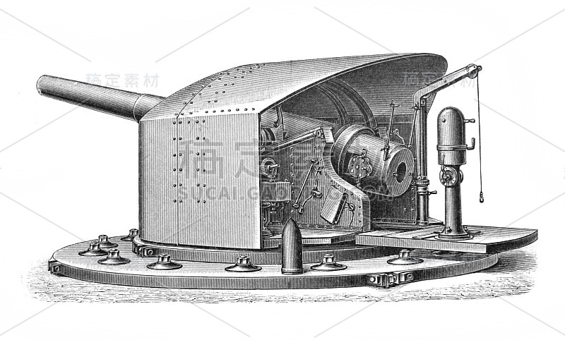 19世纪大炮的照片刻在旧书梅耶斯辞典，第七卷，1897年，莱比锡