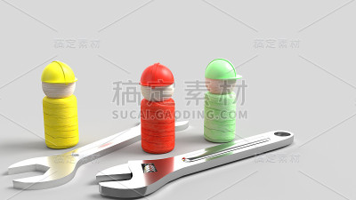 木制玩具和扳手的蓝色3d渲染劳动节内容