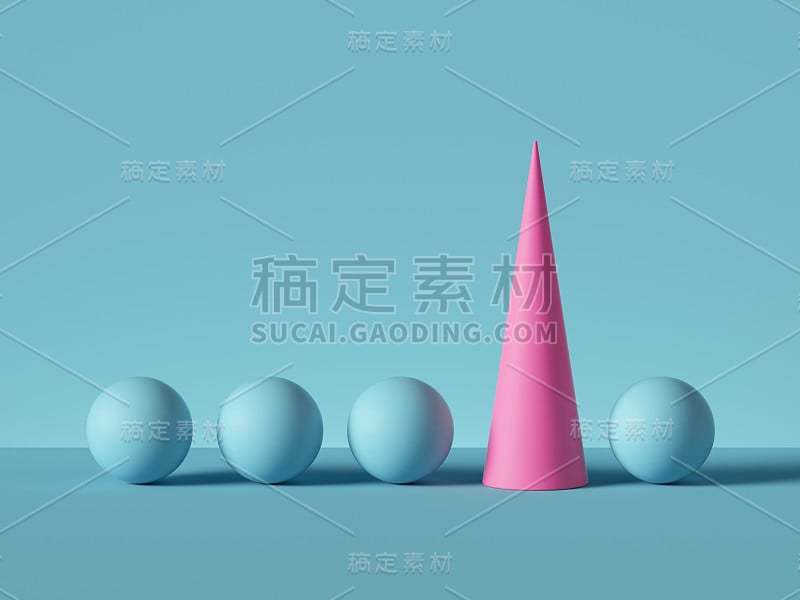 3d渲染，抽象原始几何形状孤立在蓝色背景。高粉锥形，一排小球。杰出的想法，独一无二的概念。现代最小设