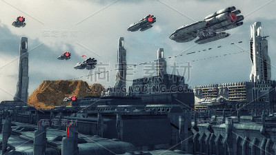 3 d渲染。未来城市和宇宙飞船