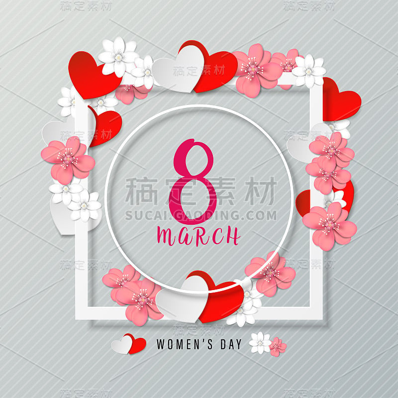 3月8日妇女节贺卡模板与花朵和形状的心在灰色的背景