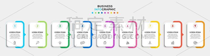 矢量图形设计业务模板与图标和9个选项或步骤。可用于流程图，演示文稿，工作流布局，横幅，流程图，信息图