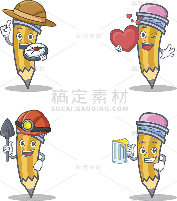 Set of pencil character with explorer heart miner 