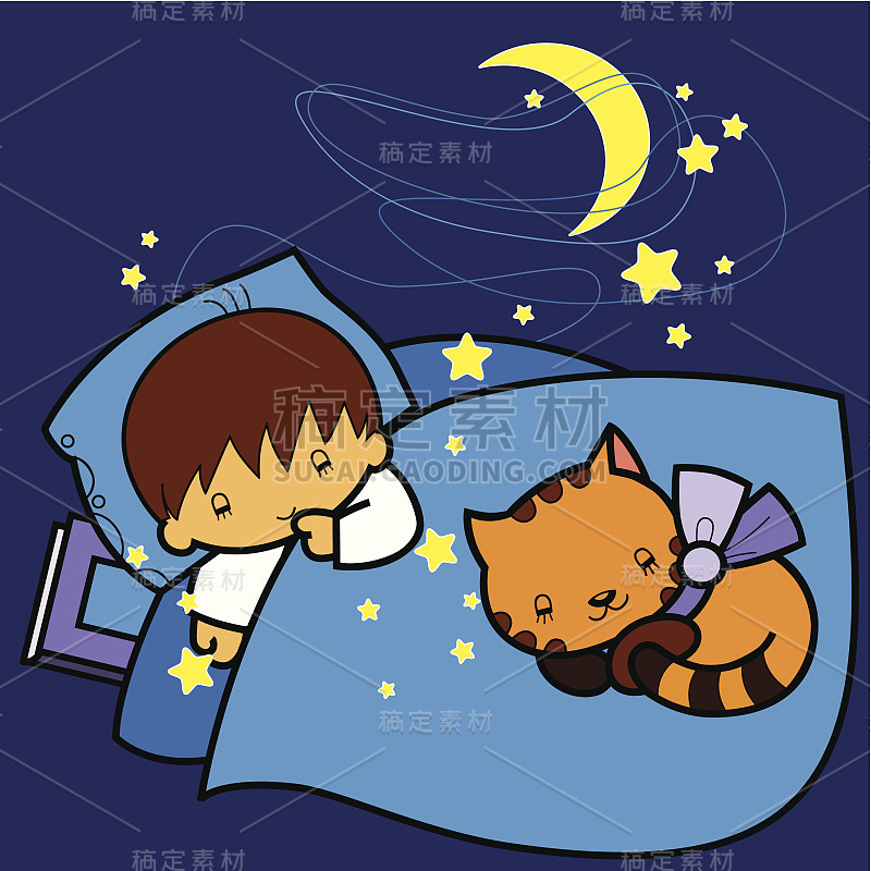 cartoon_boy_and_cat_sleeping_in_bed_at_night