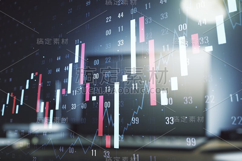 Multi exposure of abstract financial graph on lapt