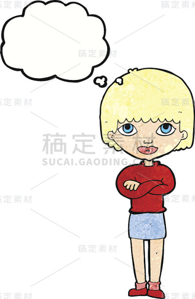 卡通女人抱着双臂带着思想泡泡