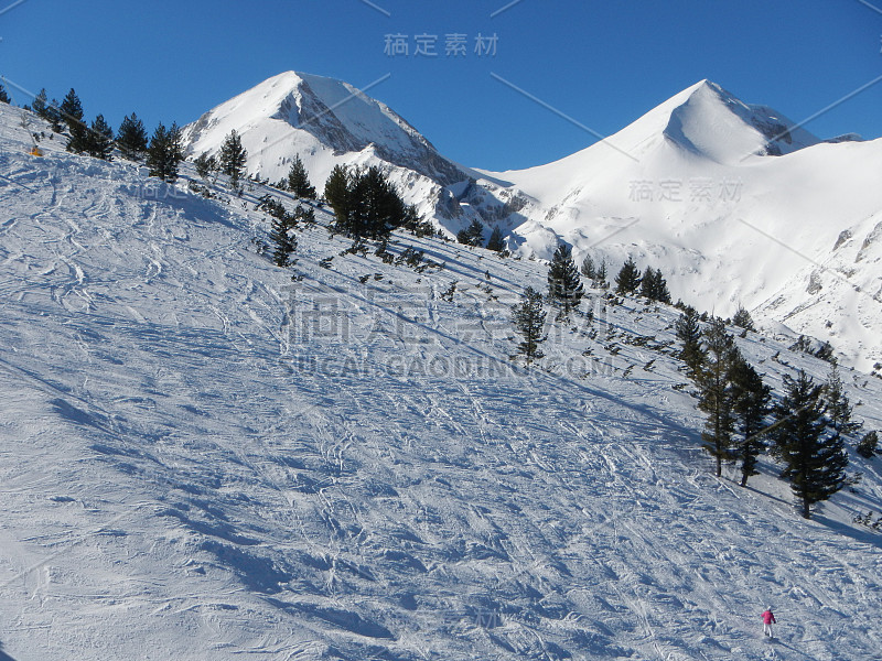 保加利亚班斯科的滑雪胜地，美丽的山和白雪皑皑的树