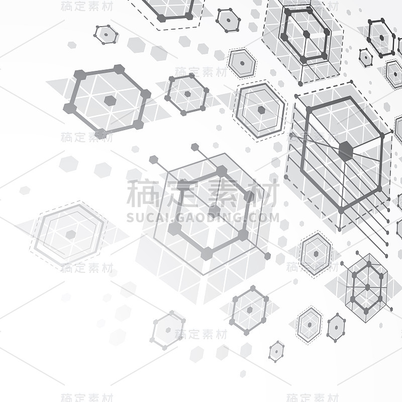 包豪斯艺术的立体构图，带有蜂巢的透视灰度模数向量墙纸。复古风格的模式，图形背景使用作为小册子封面模板