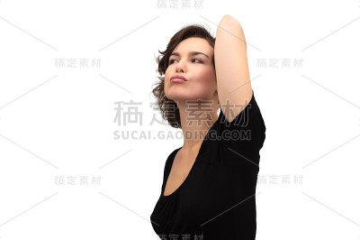 不满的女人的肖像，孤立在白色
