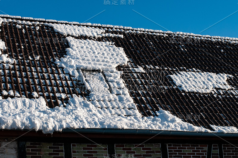 阳光明媚的日子，屋顶上的雪正在融化