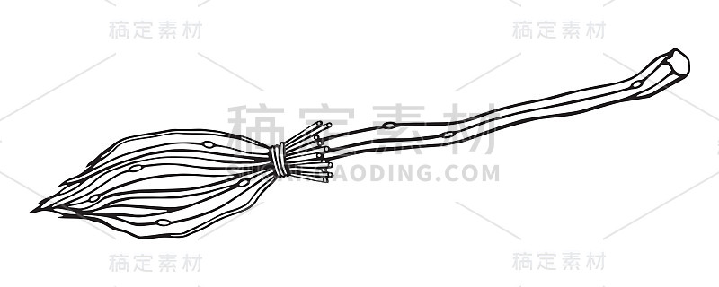 扫帚万圣节向量。神秘神秘的魔法女巫飞天扫帚。数字涂鸦轮廓艺术。印刷贴纸，文具，纹身，着色页，明信片，