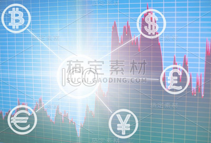 ICO，首次代币发行。数字电子二进制货币金融概念。