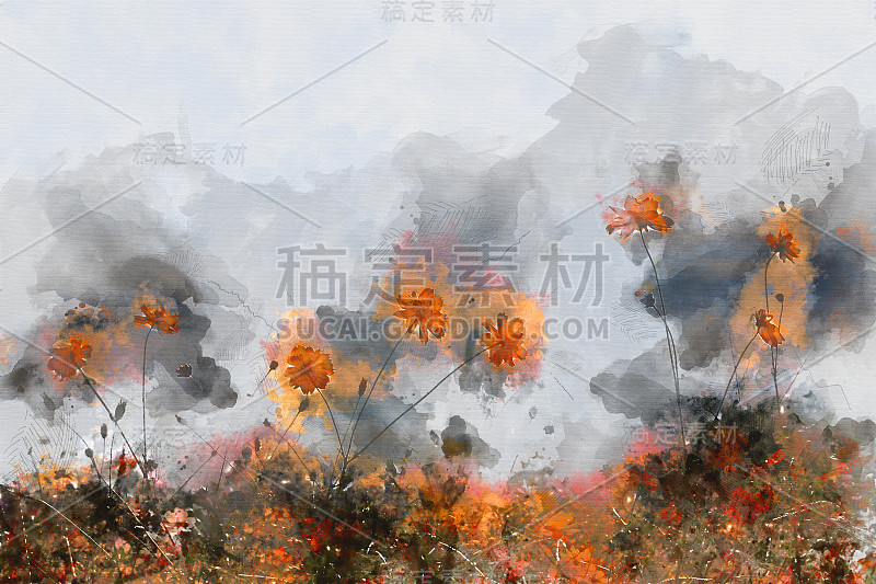 花朵绽放在五彩缤纷的水彩画背景和数字插画上，以笔触来艺术。