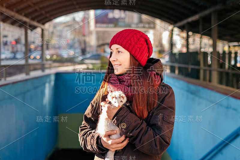 雪貂和它的主人在城市里散步