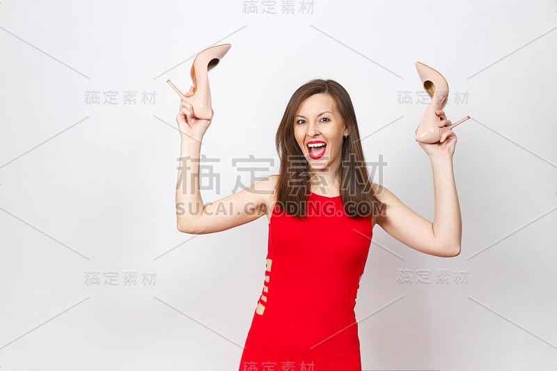 美丽的魅力令人印象深刻的白人时尚年轻的棕色头发的女人在红色的裙子得到米色的鞋子与红色的鞋底，她的购物