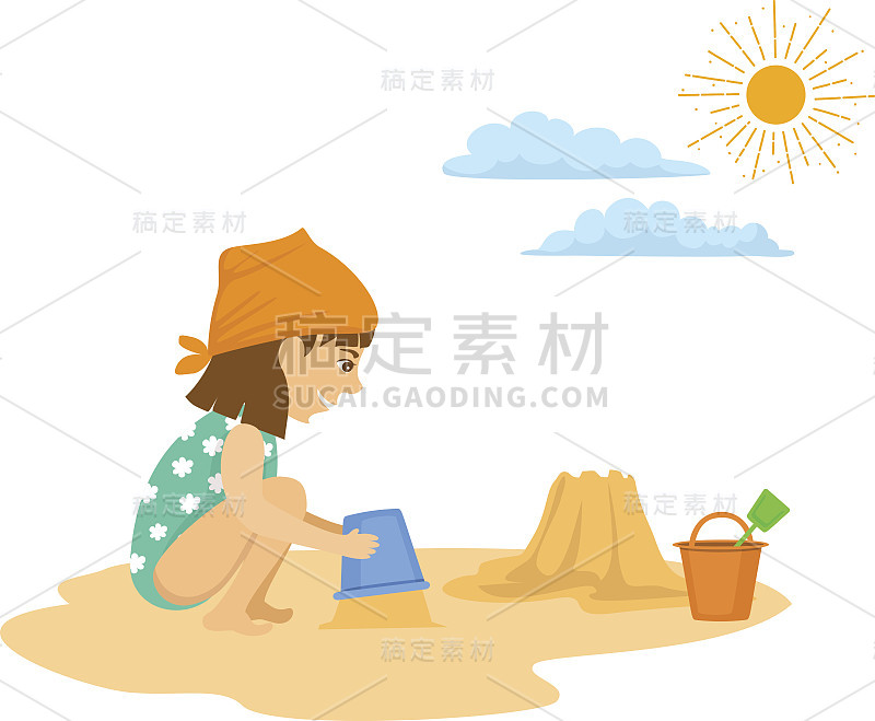 可爱的女孩在海滩上建造沙堡。孤立的