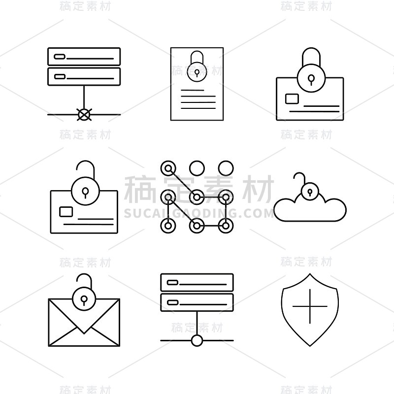 网络安全简单线性矢量轮廓图标集