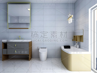 3D渲染，现代住宅清洁浴室设计，配备洗手盆，镜子，马桶，淋浴设备和浴缸