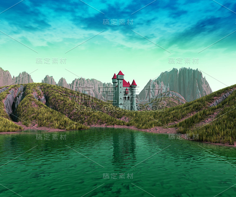 景观与城堡和湖，山和云，3d插图