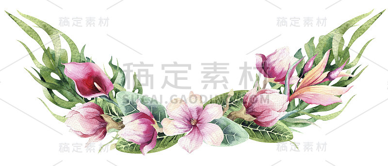 水彩手绘花束与热带植物和花卉