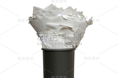 拥挤的废纸篓映衬着白色的背景，象征着商业用纸的消耗