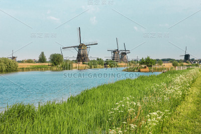 传统的荷兰风车与绿色草地在前景